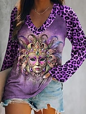 ieftine Îmbrăcăminte pentru femei Mardi Gras-Carnaval Mardi Gras Pentru femei Tricou Imprimeu Ombre Grafic Leopard Elegant Stilat Clasic Manșon Lung În V Topuri obișnuite Zilnic Ieșire Sfârșit de săptămână Mov Trifoi Vară Primăvară Toamnă