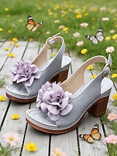 preiswerte Absatzsandalen-Graue Damen-Sandalen mit mittelhohem Absatz und Blumenmuster – elegant-lässiger Stil, bequemer Blockabsatz, ideal für Damen, Alltag, Gartenpartys, Reisen und Sommerveranstaltungen