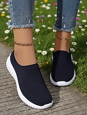 Недорогие Женские кроссовки-Женские дышащие вязаные прогулочные туфли без шнурков – легкие эластичные сетчатые мюли для путешествий, повседневной носки, покупок и прогулок на свежем воздухе.