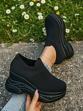 billiga Damsneakers-vita stickade slip-on-platåskor med kilklack för kvinnor – bekväma, grova athleisure-skor för dagliga promenader, ärenden och resor