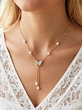 olcso Női nyaklánc-Női ötvözet műgyöngyös pillangós nyaklánc, finom Y-láncos kialakítás, arany és ezüst árnyalatok, elegáns minimalista stílus, tökéletes mindennapi viseletre, hétköznapi öltözékekhez és rétegezéshez