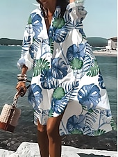 abordables Robe Fleurie-Femmes Robe Midi Robe Chemise Robe Décontractée Robe d'été Élégant Bohème Vacances Plage Coupe régulière Fleuri manche longue Col de chemise Bleu Noir Vert Été Printemps