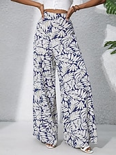 preiswerte weites Bein und hohe Taille-Damen Weite Hosenbeine Chinos Palazzo-Hose Urlaub Streetwear Basic Volle Länge Mittlere Taillenlinie Blumen Tropisch Elastischer Bund Drucken Bequem Unelastisch Täglich Outdoor Straße Blau Marineblau