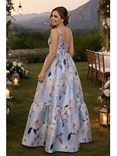 economico Abiti da Sera a Linea A-Linea ad A Lunghezza al pavimento Abito da invitata a nozze Abito Formale Abito da sera Abiti da Ballo Elegante Senza Maniche Spalline sottili Balli di fine anno Formale Raso con Stampa floreale