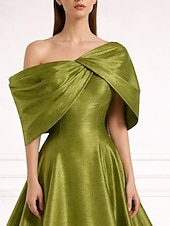  A-Line Floor Length Evening Gown Ball Gown Elegant Glittering Short Sleeve One Shoulder Wedding Formal Pocket Taffeta with Pleats Pocket