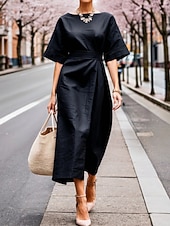 voordelige Eenvoudige jurk-Dames Halflange jurk Werk Jurk Wikkeljurk Elegant Modieus Modern Buiten Vakantie Uitgaan Normale pasvorm Ruim Passend Effen Korte mouw Strakke ronde hals Boothals Zwart Wit Khaki Donkerblauw Zomer