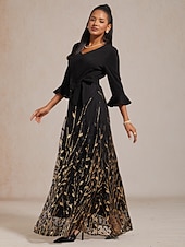 ieftine Rochii cu paiete-Pentru femei Rochie Maxi Rochie A line Rochie din Tul Elegant Serată Petrecere Paiete Brodat Fit regulat Frunză Lungime Manșon 3/4 În V Negru