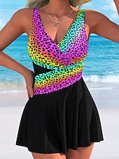 cheap Swimdresses-Women's Swimwear One Piece Monokini Swim Dress Swimsuit Tummy Control High Waist Slim Backless Vacation Beach Wear Leopard Color Block V Neck Sleeveless Bathing Suits