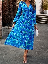 economico Abiti floreali-Per donna Abito Midi Abito a trapezio Vacanza Casual All'aperto Uscire Vestibilità regolare Floreale Manica Lunga Scollo a V Blu Verde Albicocca Estate Primavera Autunno