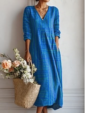 cheap Stripe&amp;Geometric Dress-Women's Midi Dress Linen Like Sundress A Line Dress Vacation Casual Boho Holiday Loose Fit Graphic Geometric Color Block Long Sleeve V Neck Blue Orange Summer Spring