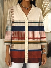 economico Arte &amp; Design Bluse-Per donna Camicia Camicia Boho Arricciato Volant Ombre Grafico Geometrico Elegante Vintage Quotidiano Manica Lunga Scollo a V Top lunghi Quotidiano Lavoro Ferie Rosa Verde Cachi Estate Primavera
