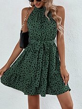 Недорогие Искусство и Дизайн Платья-Жен. Мини-платье Платье A-силуэта Платье-комбинация Платье с открытыми плечами Отпуск На каждый день на открытом воздухе На выход Стандартная посадка Леопард Горошек Без рукавов НАЙКА НЕКО