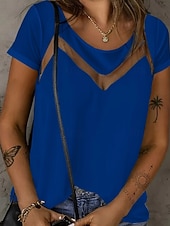 abordables Camiseta lisa-Mujer Camiseta Camiseta superior Encaje Plano Moda Elegante Clásico Manga Corta Cuello Barco Tops regulares Diario Noche Fin de semana Azul Piscina Negro Blanco Rojo Verano Primavera