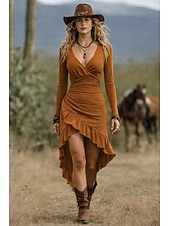 abordables Vestidos Boho-Vestido Midi de Mujer Boho Vestido en A Vestido Volante Casual Exterior Salida Fit Ajustado Color Sólido Manga Larga Cuello en V Negro Camel Marrón Azul Oscuro Verano Primavera Otoño