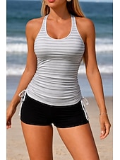 voordelige Tankini's-Dames Zwemkleding Tankini 2 stuks Hoge taille Zwempak Buikcontrole Hoge taille Slank Blote rug Vakantie Strand Kleding Gestreept U-hals Mouwloos Badpakken