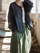 baratos Coleção de Linho Premium-Camisa feminina 100% linho, blusa com botões, lisa, estilo vintage, manga longa, gola redonda, tops regulares para uso diário, férias, sair, nas cores preto, rosa, vermelho e verde, para verão e primavera.