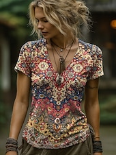 abordables T-shirt Boho-Mujer Camiseta Estampado Graphic Cachemir Abstracto Bohemia Vintage Elegante Manga Corta Escote en Pico Tops regulares Diario Noche Fin de semana Naranja Verano Primavera