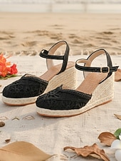 abordables Femmes-Espadrilles compensées blanches en dentelle pour femmes - élégantes sandales à plateforme crochetées à bout fermé et bride cheville, chaussures confortables pour les vacances d'été à la plage.