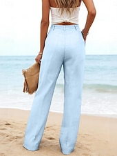 preiswerte Wesentliche Falsche Unterteile-Damen Kunstbaumwollleinen Weites Bein Freizeithose Sommerhose Urlaub Streetwear Basic Volle Länge Mittlere Taillenlinie Einfach Tasche Atmungsaktivität Bequem Unelastisch Täglich Outdoor Urlaub Blau