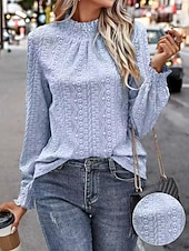 abordables Blouses Unies-Femmes Chemise popover Chemise Décontractée Chemisier Œillet Couleur Unie Élégant Basique Occasionnel manche longue Col montant Hauts Réguliers Quotidien Extérieur Fête Bleu Violet Vert Abricot