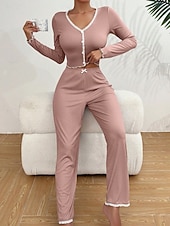 baratos Tops e partes de baixo de dormir para mulher-Mulheres Conjunto de Pijama Casual Conforto Cor imaculada Renda Cintura elástica Calça Diário Casa Manga Longa Decote V Azul Preto Rosa Vermelho Cáqui Verão Primavera Outono Normal