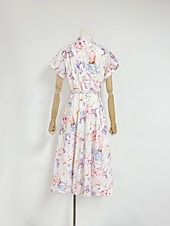cheap Semi-formal / Cocktail-A-Line Ankle Length Tea Length Wedding Guest Dress Wedding Guest Dresses Elegant Daily Short Sleeve High Neck Garden Party Wedding Cowl Back with Floral Print Print