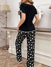 preiswerte Damen Schlafoberteile und -unterteile-Damen Schlafanzug Set Lässig Komfort Blumen Einfarbig Elastischer Bund Hose Täglich Heim Langarm V Ausschnitt Schwarz Weiß Purpur Grau Sommer Frühling Normale Passform
