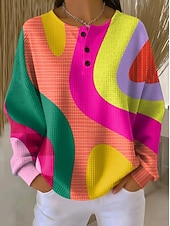 preiswerte Streifen- und geometrische Kapuzenpullover-Damen Kapuzenshirts Knöpfe Grafik Geometrisch Farbblock Mode Lässig Druck Langarm Rundhalsausschnitt Rundhals Normale Oberteile Lässig Straße Blau Rosa Orange Grün Sommer Frühling Herbst