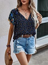 preiswerte Blumenblusen-Damen Bluse Druck Blumen Bohemien Vintage Lässig Kurzarm V Ausschnitt Normale Oberteile Täglich Ferien Ausgehen Blau Rote Braun Aprikose Sommer Frühling
