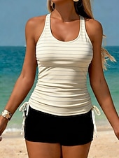 voordelige Tankini's-Dames Zwemkleding Tankini 2 stuks Hoge taille Zwempak Buikcontrole Hoge taille Slank Blote rug Vakantie Strand Kleding Gestreept U-hals Mouwloos Badpakken