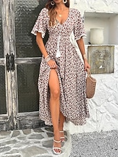 abordables Vestidos casuales con flores-Women's Long Dress Maxi Dress A Line Dress Floral Dress Elegant Fashion Modern Daily Outdoor Vacation Regular Fit Floral Short Sleeve V Neck Blue Black Brown Summer Spring