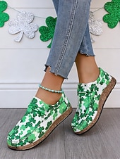  Dame Avslappet Daglig St. Patrick's dag Perlearbeid Flat hæl Rund Tå Klassisk Fritid Komfort Tøy Slippers Grønn
