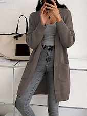 Недорогие Простой кардиган-Жен. Вязаная ткань Кардиган Мода Уличный стиль На каждый день Чистый цвет Рельефный узор Открытый перед Карман Трикотаж Длинный рукав Длинные топы Вязать на открытом воздухе Повседневные выходные