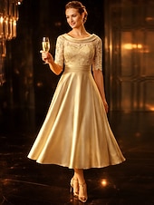 رخيصةأون طول الكاحل-A-الخط طول الساق فستان الحفلة فستان كوكتيل فستان زفاف ضيف فستان أم العروس نصف كم رقبة سكوب أنيق عتيق ضيف حفل زفاف ساتان دانتيل مع روش زينة