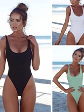 זול בגדי-ים שלמים-בגדי ריקוד נשים בגדי ים חתיכה אחת מותן גבוה בגד ים גזרה סקסית מרזה גבוה מותניים גב חשוף אלגנטית פעיל צבע אחיד צווארון U ללא שרוולים בגדי ים