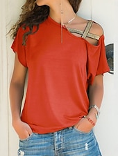 abordables Camiseta lisa-Mujer Camiseta Camiseta superior Retazos Color sólido Elegante Clásico Casual Manga Corta Cuello Barco Tops regulares Diario Noche Fin de semana Azul Piscina Negro Blanco Vino Naranja Verano Primavera