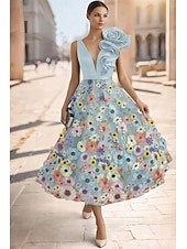  A-Line Tea Length Cocktail Dresses Elegant Vintage Floral Sleeveless V Neck Garden Party Wedding Pocket Satin Lace with Embroidered Flower Embroidery Pocket