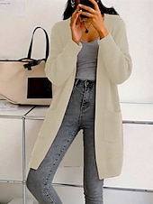 Недорогие Простой кардиган-Жен. Вязаная ткань Кардиган Мода Уличный стиль На каждый день Чистый цвет Рельефный узор Открытый перед Карман Трикотаж Длинный рукав Длинные топы Вязать на открытом воздухе Повседневные выходные