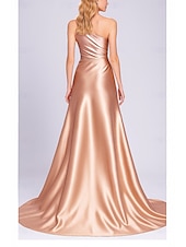 abordables Vestidos de gala-Corte Trompeta Sirena Hasta el Suelo Vestidos de noche Vestido de baile con sobrefalda Vestimenta formal Elegante Vestido negro Sin Mangas Un Hombro Boda Formal Vestido rosa Satén elástico con Plisado
