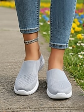 Недорогие Женские кроссовки-Женские дышащие вязаные прогулочные туфли без шнурков – легкие эластичные сетчатые мюли для путешествий, повседневной носки, покупок и прогулок на свежем воздухе.