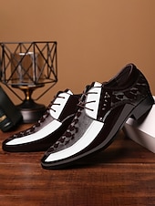 ieftine Pantofi derby-Pantofi Oxford bărbătești din piele lăcuită, alb-negru, cu model geometric - pantofi eleganți clasici pentru ocazii formale și nunți