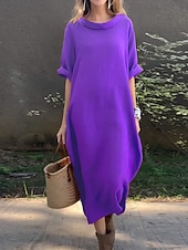 voordelige Witte jurk-Dames Maxi-jurk Hemdjurk Casual Dagelijks Normale pasvorm Effen 3/4 mouw Col Zwart Wit Geel Rood Zomer Lente Herfst