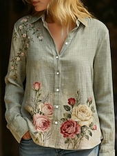  Dámské Košile Boho košile Imitace bavlny a lnu Knoflíky Tisk Květinový Grafika Čechy Aktivní Vinobraní Dlouhý rukáv Košilový límec Běžné topy Denní Dovolená Trávová zelená Jaro Podzim