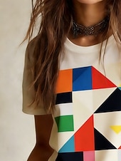 baratos Camiseta de Arte &amp; Design-Mulheres Camiseta T-shirt Imprimir Gráfico Geométrica à moda Clássico Casual Manga Curta Gola Redonda Tops regulares Diário Esportes Para Noite Branco Verão Primavera