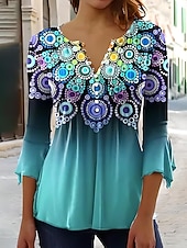  Womenská trička  Ombre květinové grafické elegantní vintage stylové 3/4 délka rukáv V výstřih dlouhé topy každodenní vycházky knoflíky modrá zelená  modrá růžová léto jaro