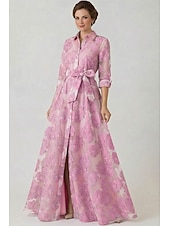 رخيصةأون طول الأرضية-A-الخط طول الأرض شيرت دريس فستان رسمي فستان سهرة فستان أم العروس كم طويل قبعة القميص أنيق عتيق سبليت عالية رسمي قماش الجاكار مع شريطة زهور