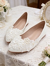 cheap Bride-Women's Ivory Lace Ballet Flats with Floral Appliqué, Elegant Bridal Shoes for Bride at Church Wedding Ceremony
