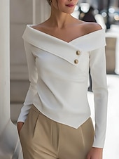 baratos Camiseta lisa-Mulheres Blusa Botões Côr Sólida à moda Casual Manga Longa Ombro a Ombro Tops regulares Diário Preto Branco Primavera Outono