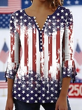  عيد الاستقلال الباتريوتي بلوزة نسائية جرافيك علم أنيق أنيق بأكمام 3/4 ياقة دائرية طويلة tops يومي للخروج من المنزل رافلز أزرار ازرق أحمر صيف ربيع
