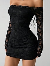 economico miniabito nero-Per donna Abito Lungo Maxi Abito Mini Abito Abito nero Abito in Pizzo Vestito Casual Moda Romantico Moderno Quotidiano Vacanza Feste Vestibilità regolare Semplice Manica Lunga Senza Spalle Nero